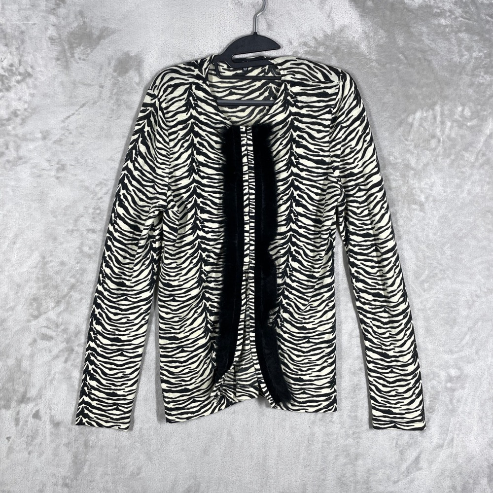 MW Zebra Print Faux Fur Trim Cardigan Women 16P Animal Mob Wife Maximalist